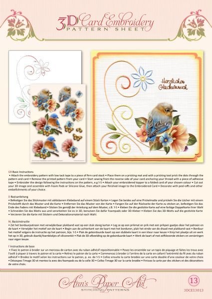 3D Card Embroidery Pattern Sheet 13 Bluebirds