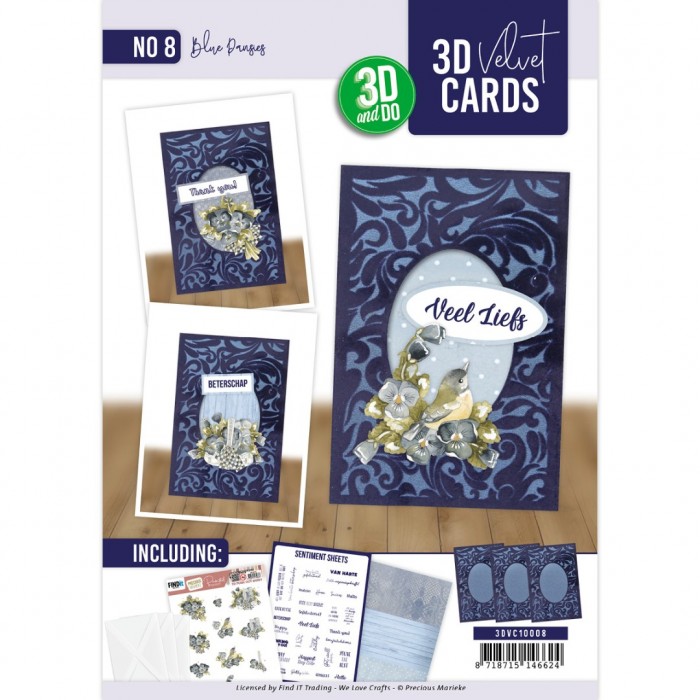 3D Velvet Cards A6 Blue Pansies Set 8 (Nur auf Vorbestelllung)
