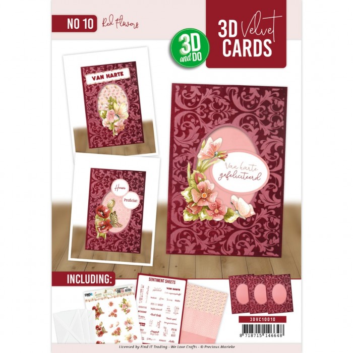 3D Velvet Cards A6 Red Flowers Set 10 (Nur Auf Vorbestellung)