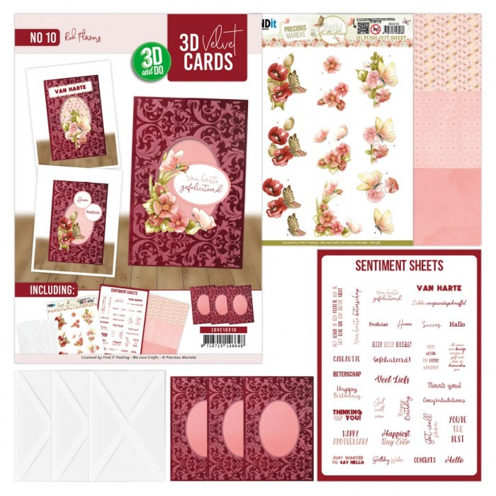 3D Velvet Cards A6 Red Flowers Set 10 (Nur Auf Vorbestellung)