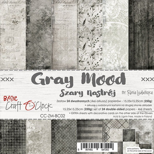 Craft O Clock Papers 24 Sheets 15x15cm - Grey Mood